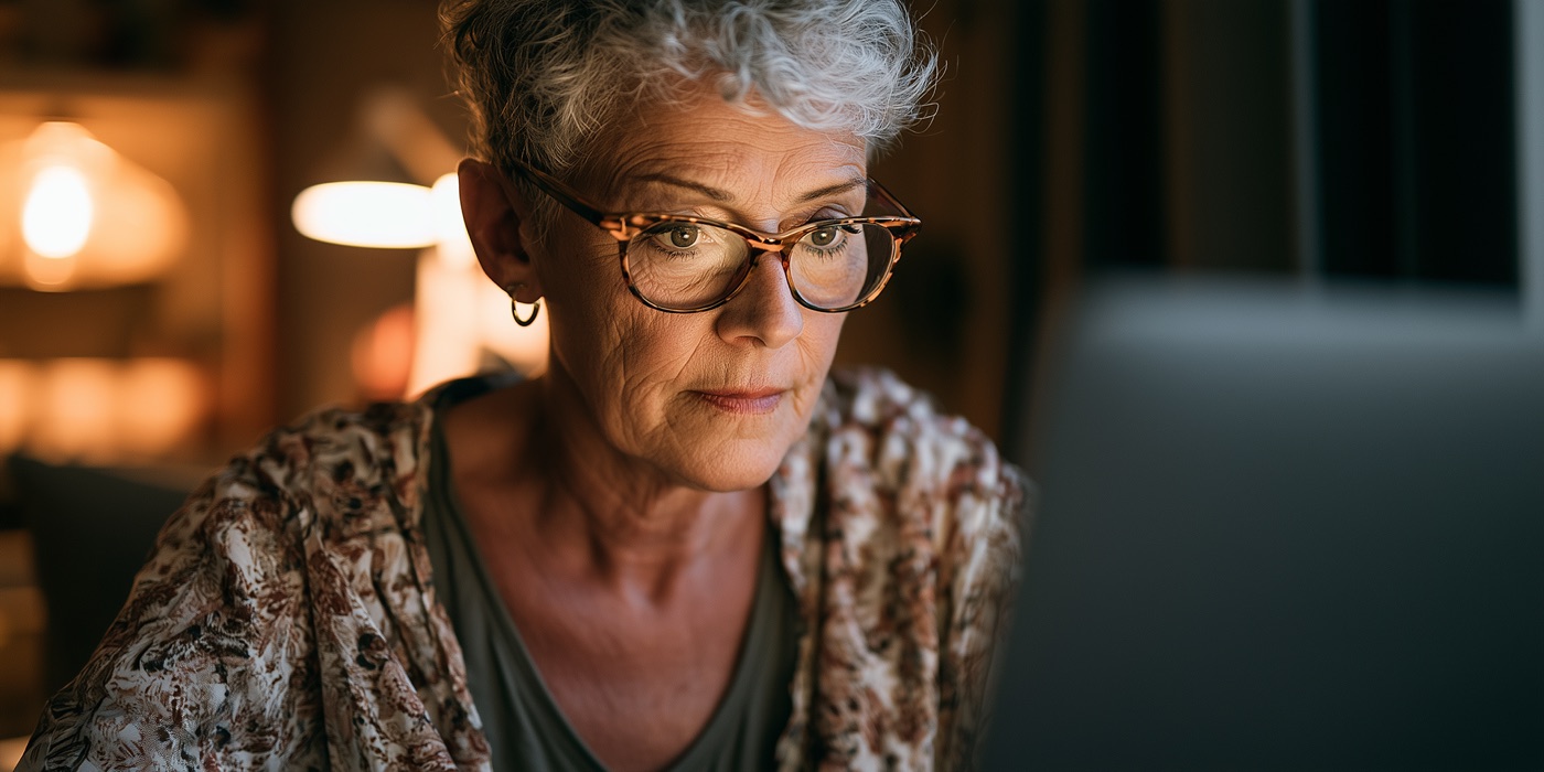 A woman reviews home safety funding options on her laptop at home in the evening