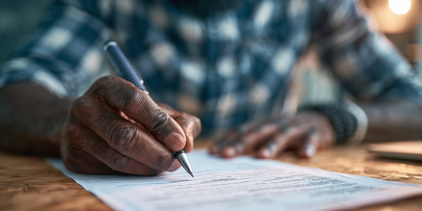 A homeowner completes a funding program application by hand at a wooden table